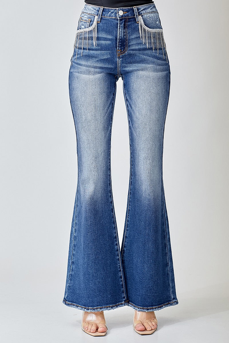 High Rise Embellished Wide Flare Jeans